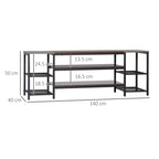 Industrial TV stand with brown shelves, grey metal frame, and left side mesh shelf