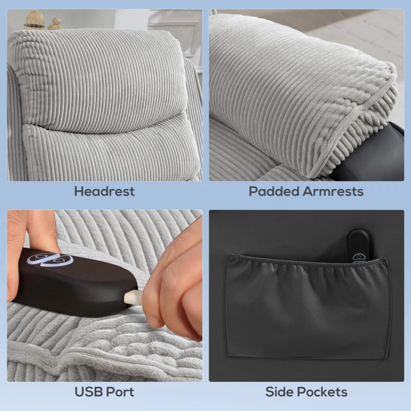 Light grey corduroy recliner with headrest, padded armrests, USB port and side pockets