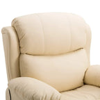 Beige PU leather recliner chair close-up of plush backrest and padded armrest.