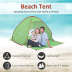 Green pop-up beach tent with red trim for family use, open front and OutSunny logo