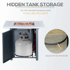 Black and grey gas firepit table with hidden tank storage compartment open