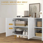White high-gloss sideboard with adjustable shelves and gold hairpin legs