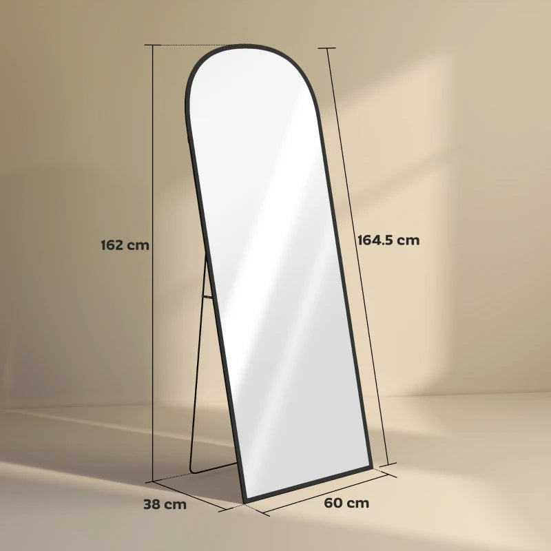 Black full-length standing mirror with arched top and thin aluminum frame