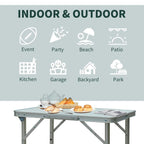 Silver foldable picnic table with flat tabletop and metal folding legs