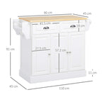 White rolling kitchen cart with rubber wood top and built-in drawers; shown with size markers