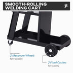Black welding cart with open base, two large wheels, and two fixed casters