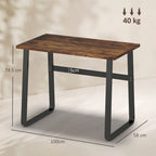 Industrial writing desk showing brown tabletop with black metal frame and support bar