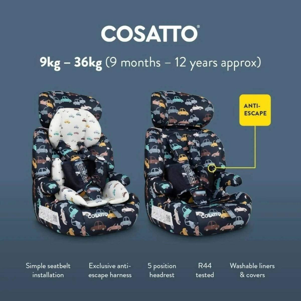 Group 1-3 car seat features chart, showing Cosatto seat with anti-escape and inserts