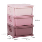 Pink 3-tier plastic storage unit with three lidded drawers and curved side handles