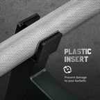 Black deadlift barbell jack showing plastic insert near the bar contact point