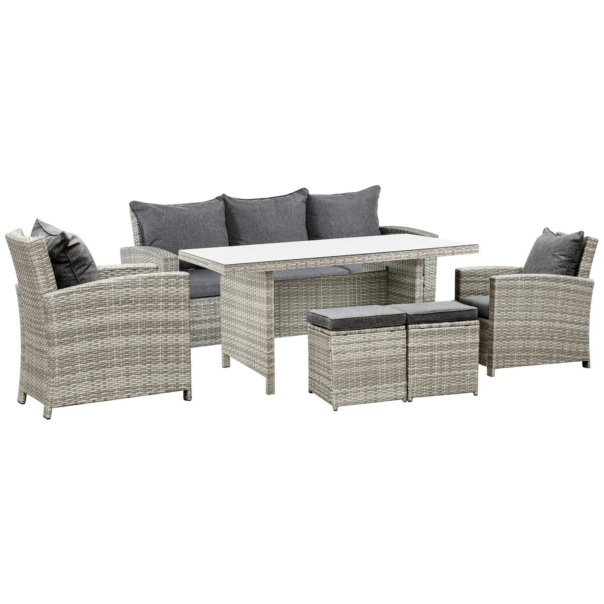 6 Pieces PE Rattan Garden Furniture Set with Three-seat, Armchairs and Footstools, Aluminium Patio Wicker Dining Sets w/ Glass Top Dining Table, Soft Cushion, Light Grey - Bobobiy