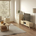 Wood-effect rattan drawer chest with four drawers and woven panel fronts