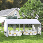 White event gazebo with clear window panels and gabled roof, front seating view