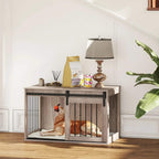 Brown dog crate furniture with removable cushion, dog lying inside with door closed
