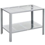 2-tier plant stand with perforated mesh shelves and steel frame, silver, freestanding.