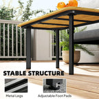 Outdoor coffee table with wood-toned slatted top and black metal frame