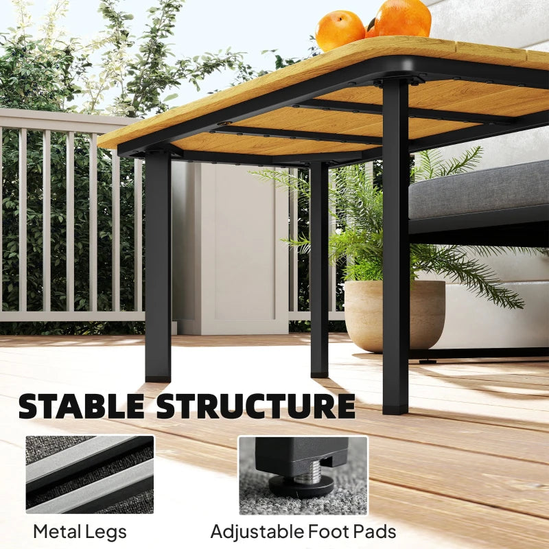 Outdoor coffee table with wood-toned slatted top and black metal frame