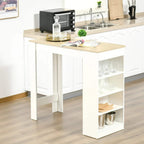 White bar table with natural wood top and open 4-tier cabinet shelf under the tabletop.
