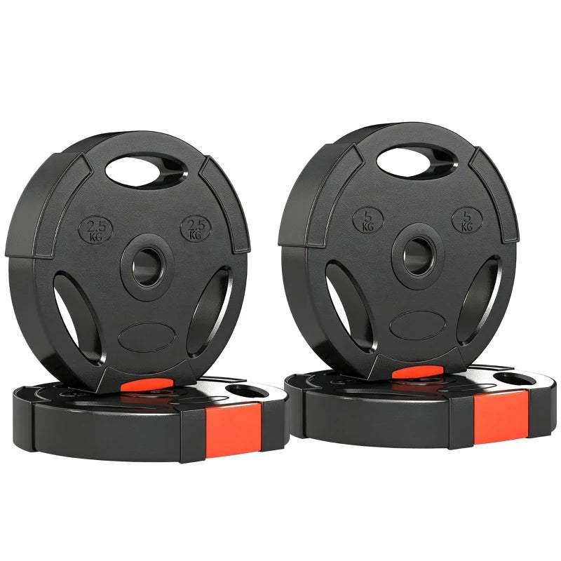 Pair of black weight plates on bases, 2.5kg and 5kg markings, orange highlights