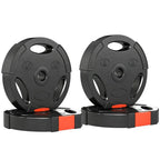 Pair of black weight plates on bases, 2.5kg and 5kg markings, orange highlights
