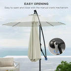 Cream cantilever patio parasol with manual crank mechanism and hanging cover