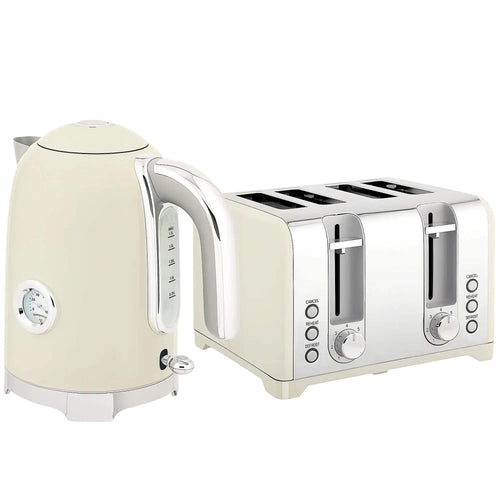 Retro kettle and toaster set in cream with chrome accents and control dials