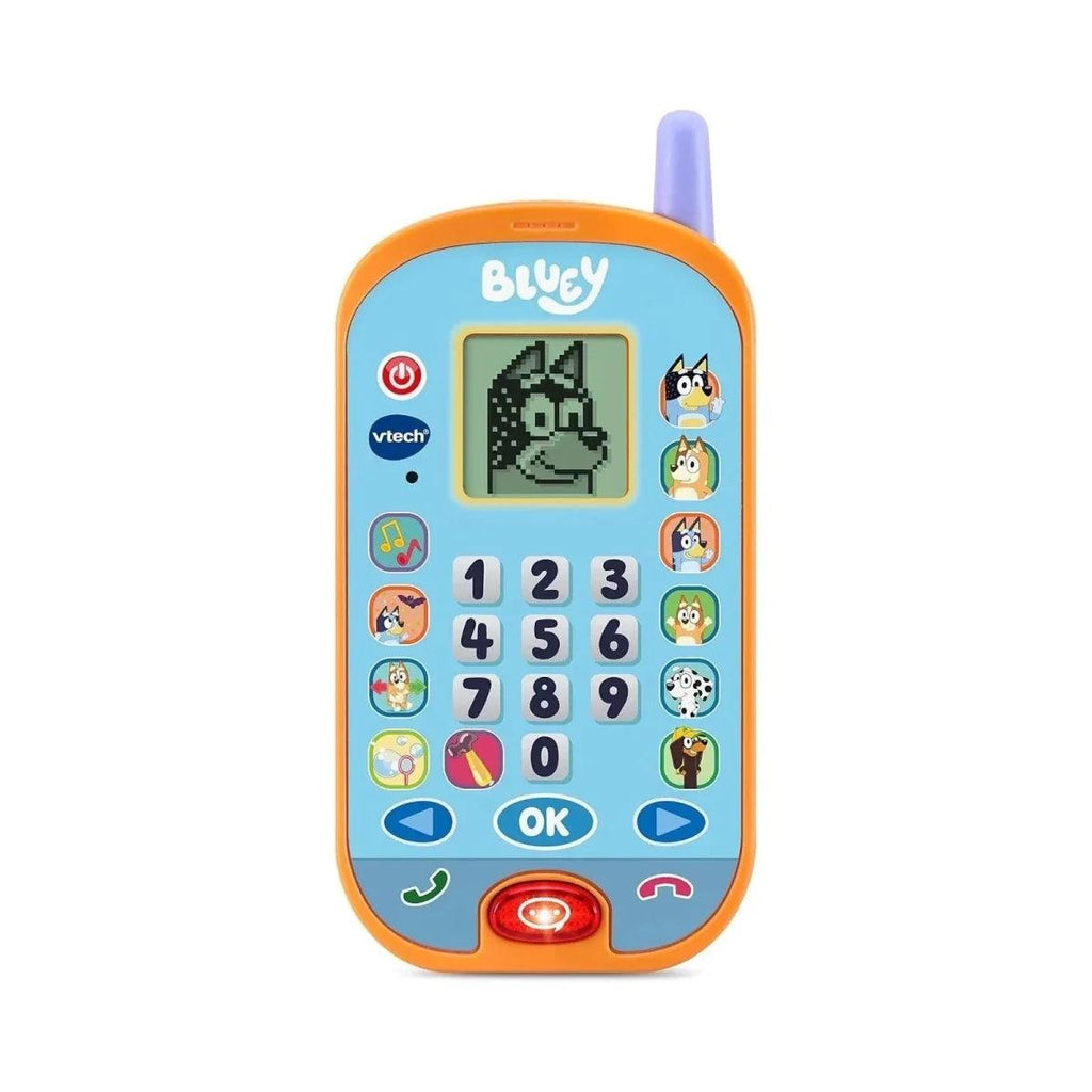 VTech Bluey ring ring phone with blue screen and orange keypad, antenna on top