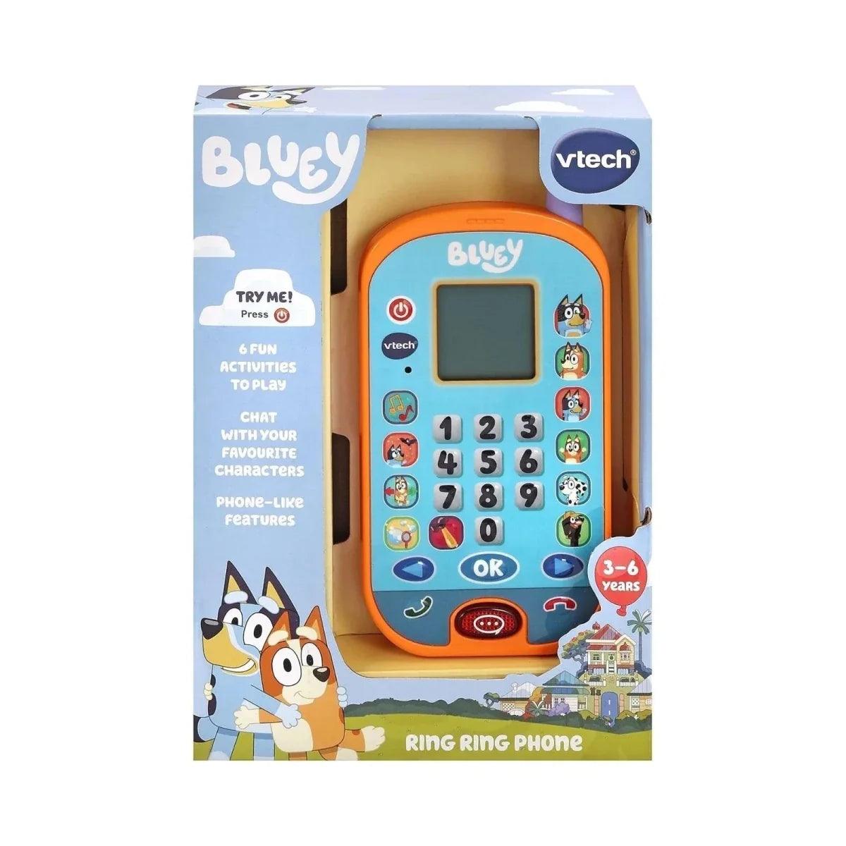 VTech Bluey ring ring phone toy in retail box with character illustrations