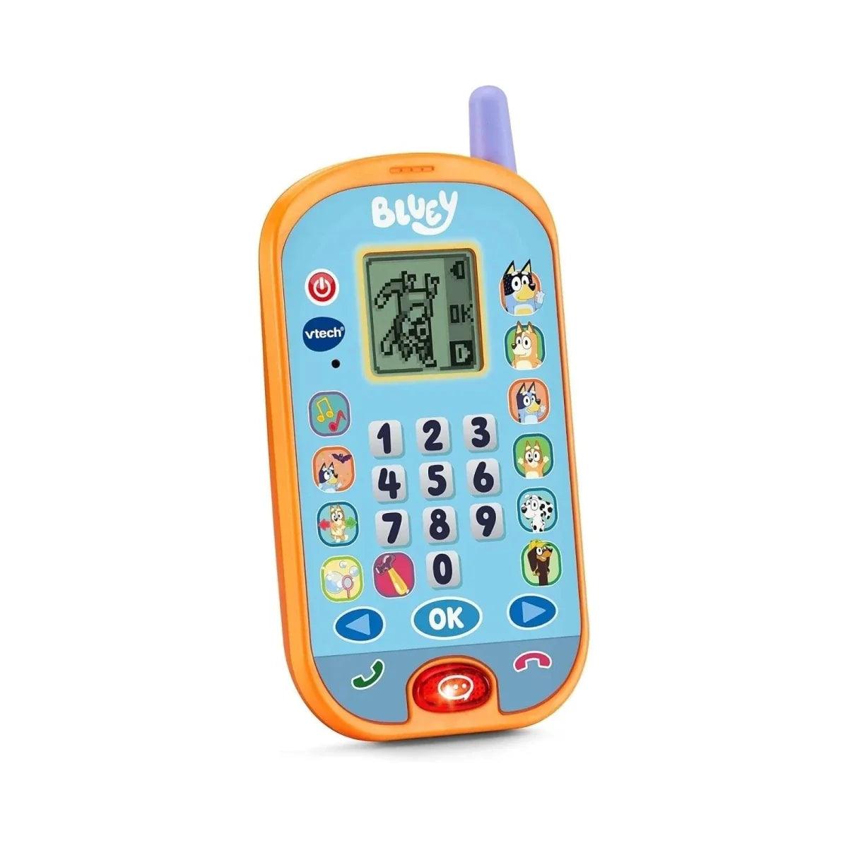VTech Bluey ring ring phone with character buttons and glowing red call button
