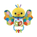 Yellow plush birdie rattle with shake handle and colorful textured wings