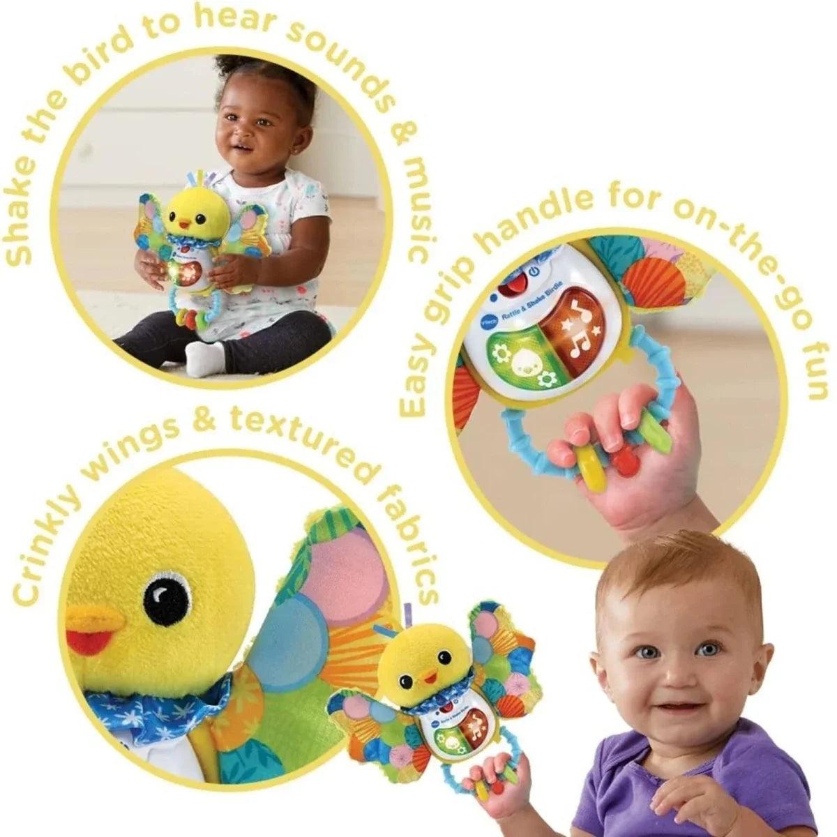 Baby holding a yellow bird rattle toy with music panel and dangling rings