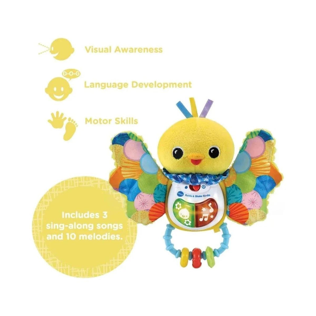 Yellow birdie rattle toy with ring handle, colorful wings, and music panel