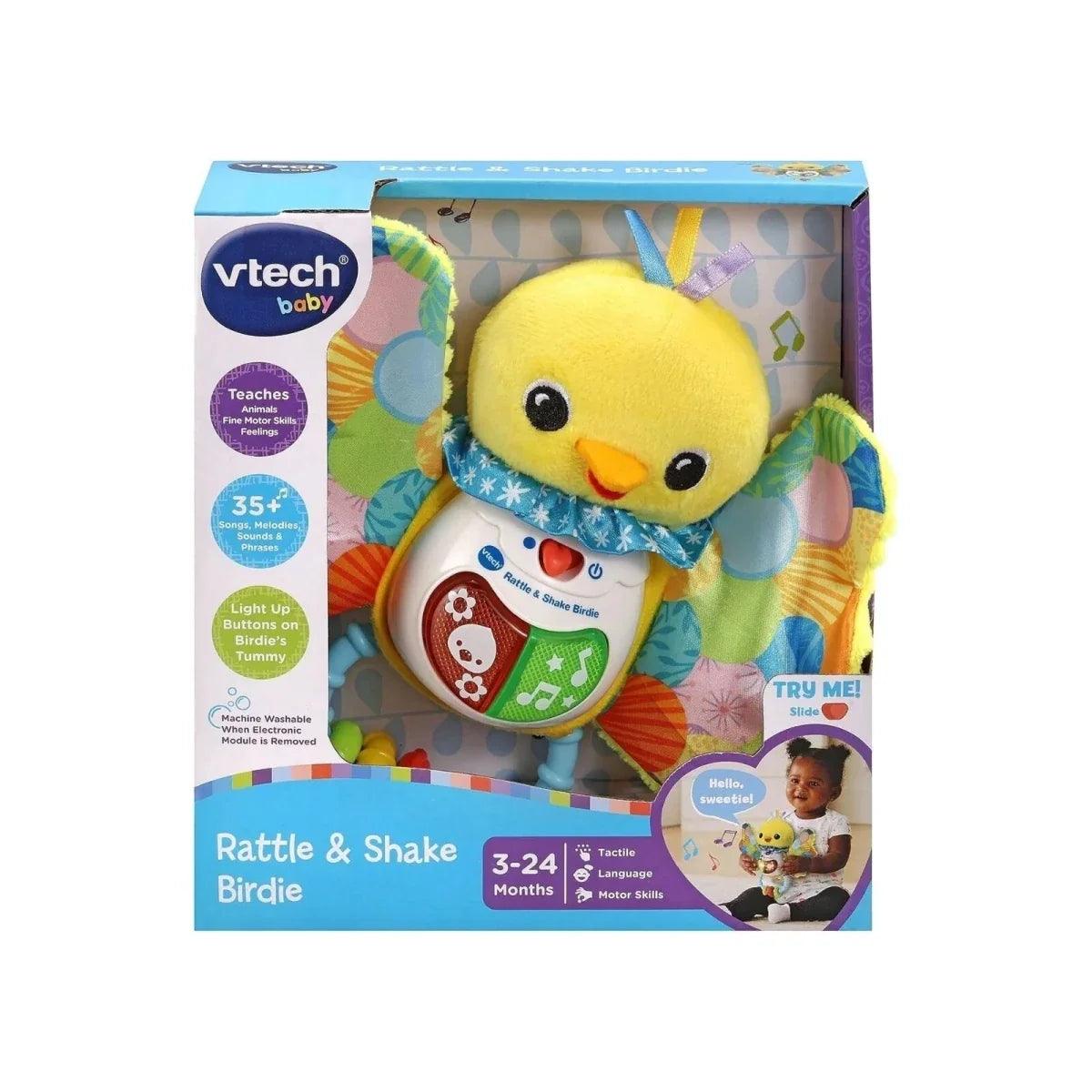 VTech Baby Rattle & Shake Birdie retail box with yellow plush bird toy