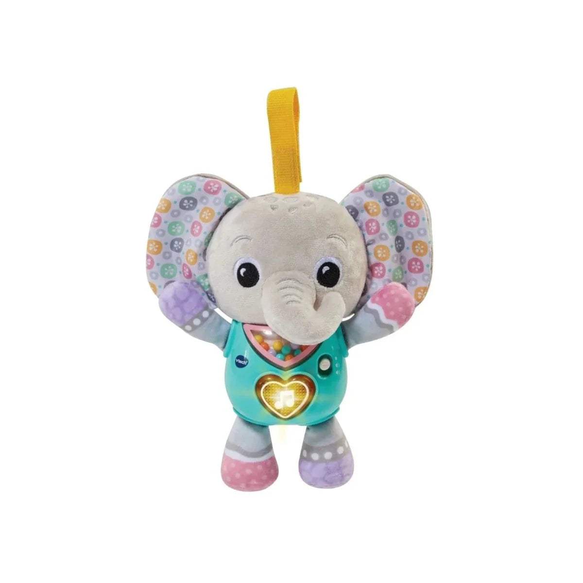 Cuddle & Sing elephant plush with teal shirt, heart emblem, and patterned ears