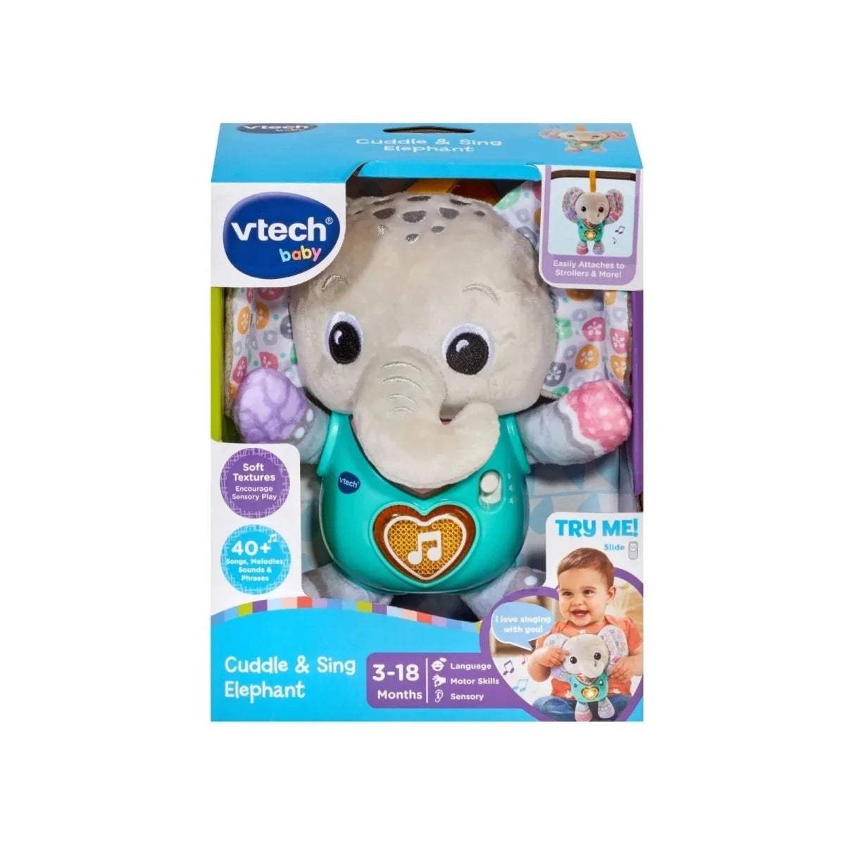 VTech baby retail box for Cuddle & Sing elephant plush with teal heart badge