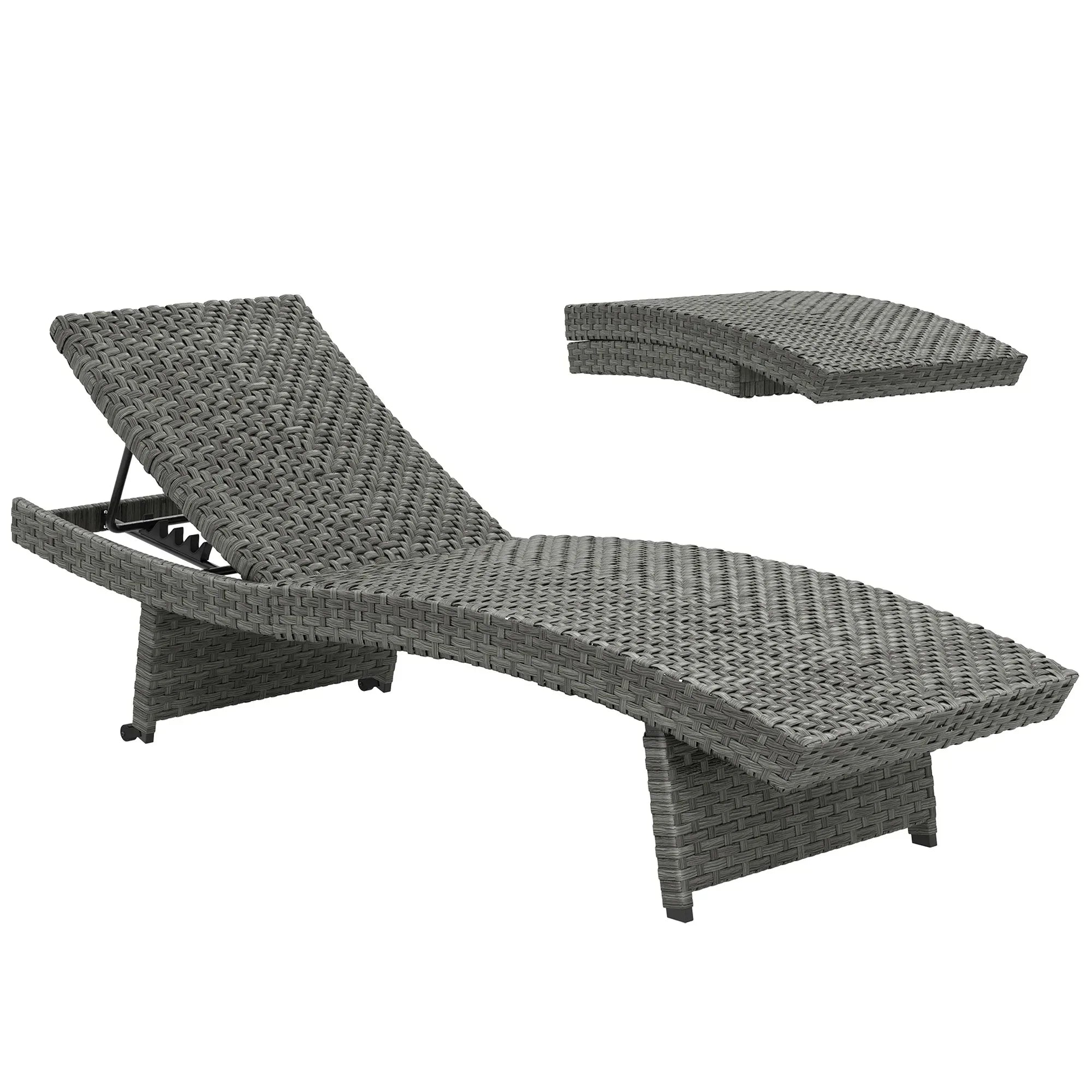 Outdoor PE Rattan Sun Lounger, Folding Wicker Garden Lounger Recliner with 4-Level Adjustable Backrest, Rolling Sunbed Lounge Chair with Wheels, Non-Slip Legs for Balcony, Beach, Mixed-grey - Bobobiy