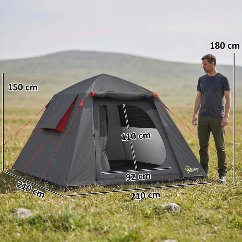 Dark grey 2-door camping tent with red accents and raised front mesh door