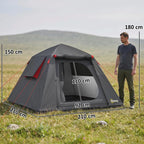 Dark grey 2-door camping tent with red accents and raised front mesh door