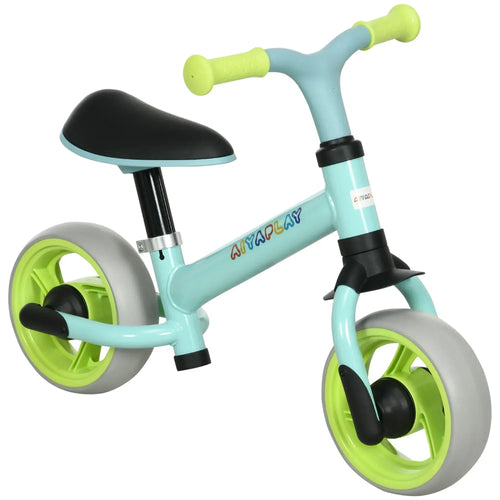 Studio view of light green kids balance bike with black seat and lime EVA wheels