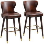 Brown PU leather bar stools set of 2 with back, footrest, and wood legs