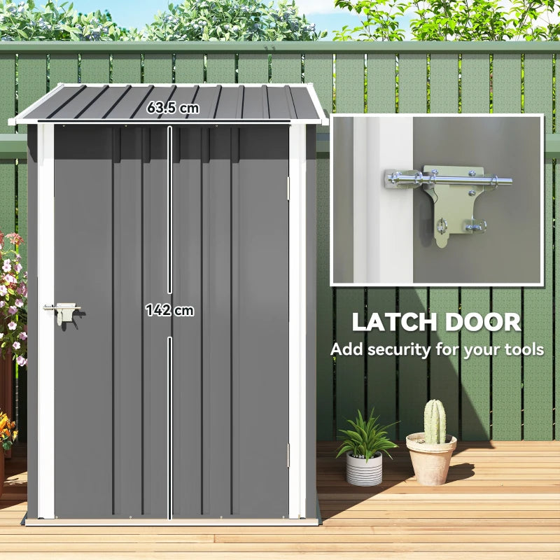 Grey steel garden shed with latch door and wall-mounted latch detail