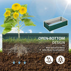 Green open-bottom raised garden bed shown above dark soil for planting
