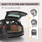 Portable pet playpen with included carrying bag for storage and transport, shown folded.