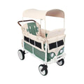 Green stroller wagon with canopy, padded benches, and front wheel on a white frame.
