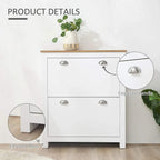 White shoe cabinet detail: two drawers with silver handles and elevated base
