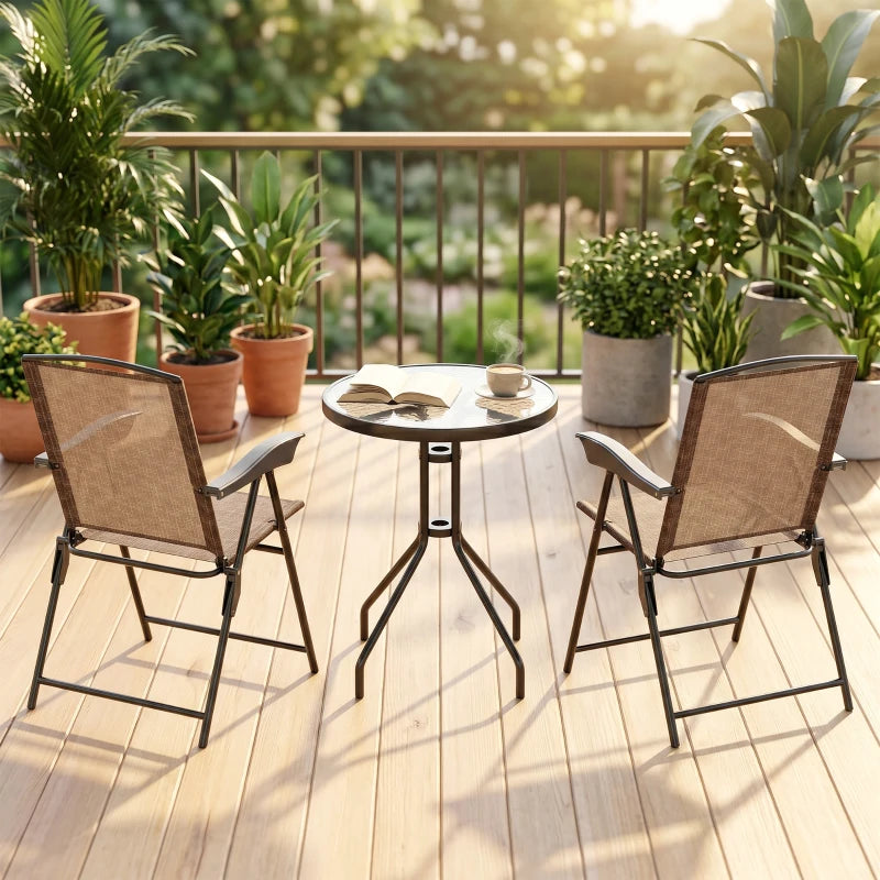Outdoor bistro set with two folding armchairs and round glass-top coffee table, brown mesh