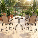 Outdoor bistro set with two folding armchairs and round glass-top coffee table, brown mesh
