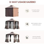 Brown hexagon gazebo with enclosed curtains, mesh side panels, and open-air panels