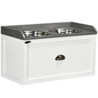 White raised pet feeding station with two stainless steel bowls and gray top