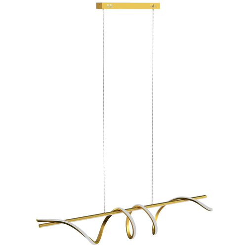 Gold tone pendant light with three curved arms and glass-like shades, long cords.